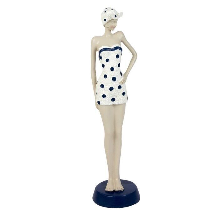 Elegante donna da spiaggia in costume da bagno a pois, bianco/blu, 30 cm