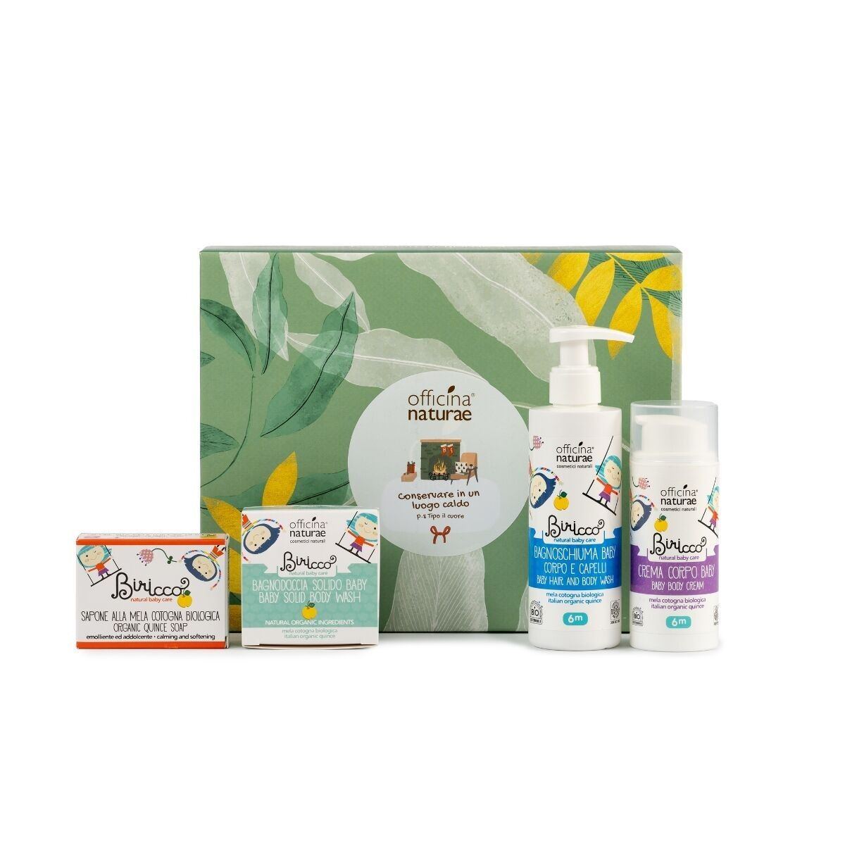 GIFT BOX BABY BIRICCO 6m: Solid shower gel, Baby body and hair shower gel, Baby body cream and Quince and Calendula soap NEW