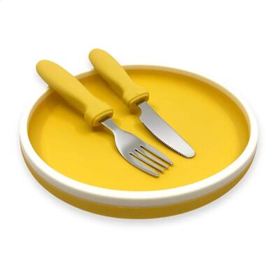 Plato infantil de silicona con cubiertos.