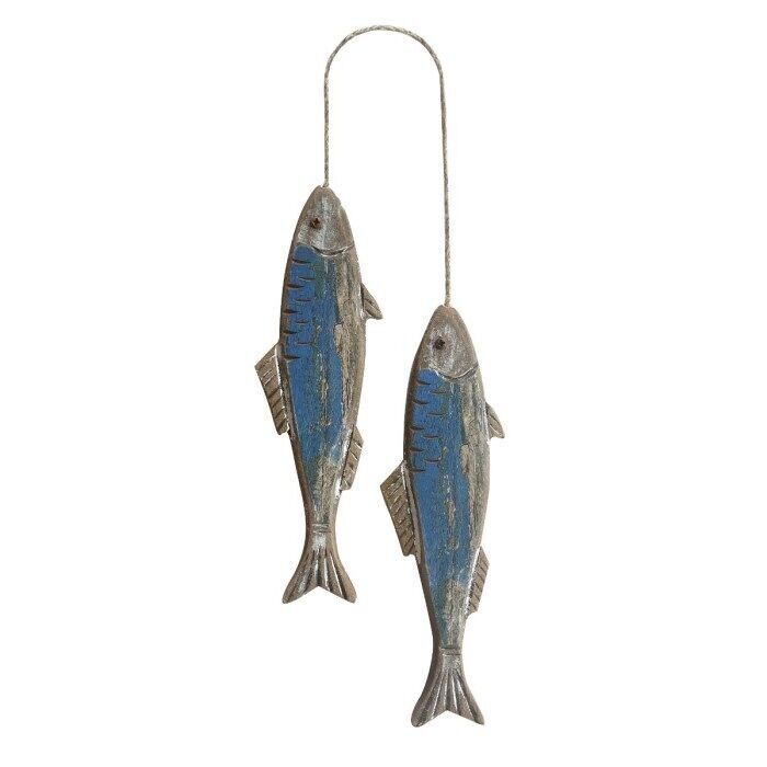 Paire de poissons en bois, bleu, 20 cm