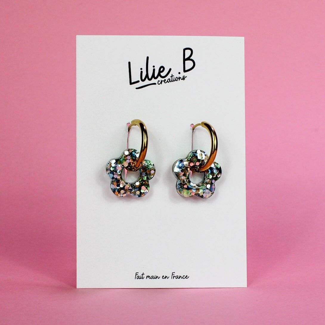 Boucles d'oreille Pampilles fleurs mini Vert, bleu et or