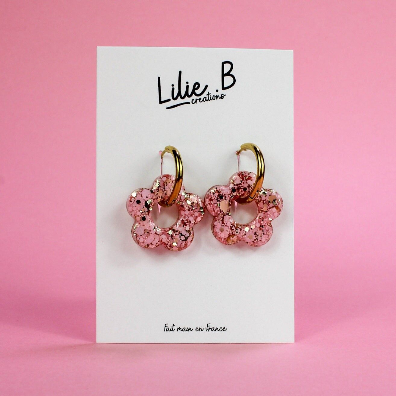 Boucles d'oreille Pampilles Fleurs Rose Doré