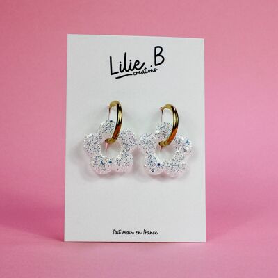 Boucles d'oreilles Pampilles Fleurs Paillettes blanches