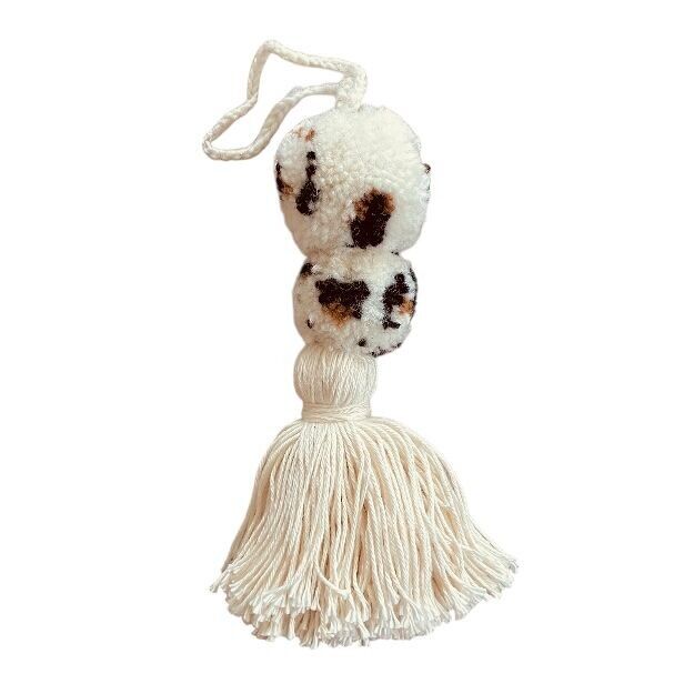 sustainable pom pom bag charm leopard - wool & cotton - handmade in Nepal