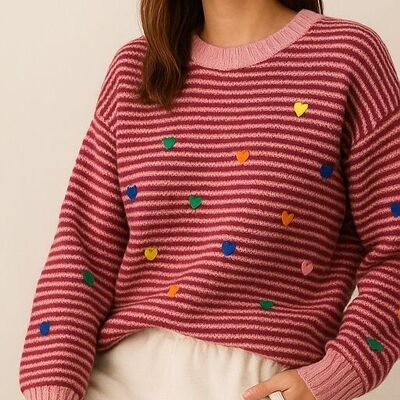 Pull rayé à cœurs multicolores AP101 – Stile divertente e tendenza