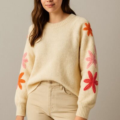Pull brodé fleurs AP102 – Élégance décontractée