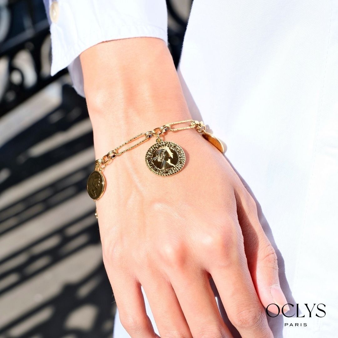 Aka stainless steel coin charm chain bracelet