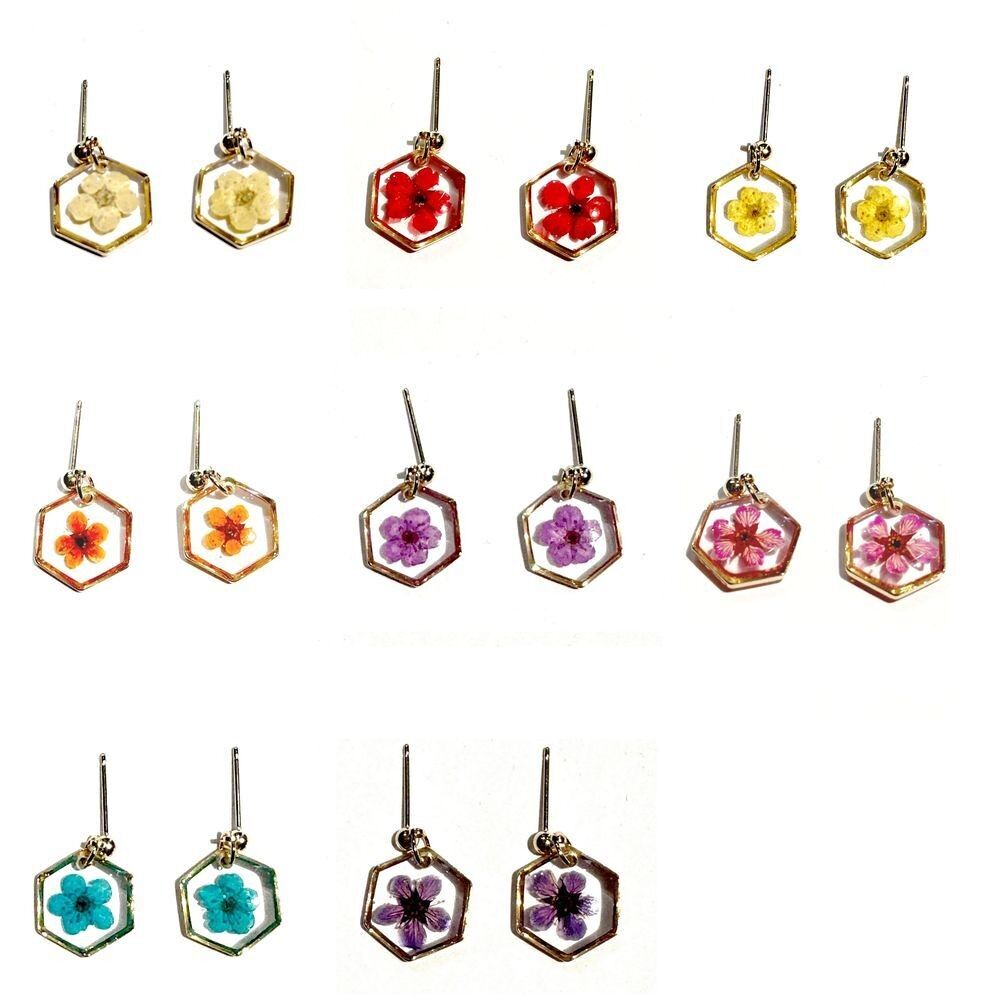 Sechseckige Ohrringe aus getrocknetem Blumenharz - 252032