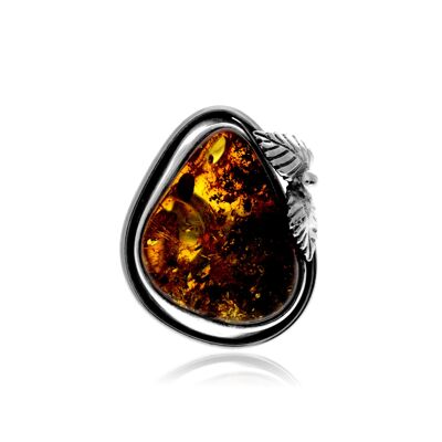 Anillo de plata de ley 925 y ámbar báltico auténtico color coñac - Ajustable - RG0921