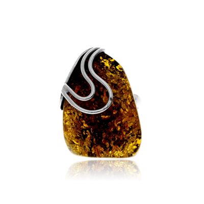 Anillo de plata de ley 925 y ámbar báltico auténtico color coñac - Ajustable - RG0922