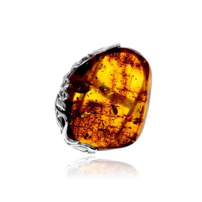Anillo de plata de ley 925 y ámbar báltico auténtico color coñac - Ajustable - RG0924