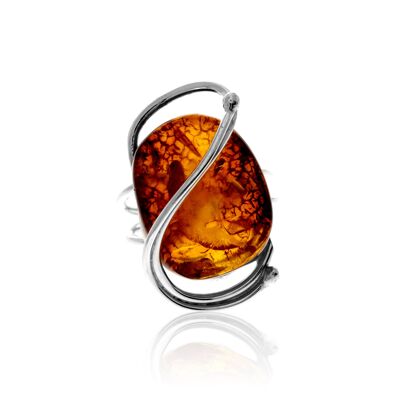 Anello in argento sterling 925 e ambra baltica color cognac - Regolabile - RG0932