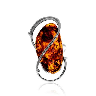Anello in argento sterling 925 e ambra baltica color cognac - Regolabile - RG0933