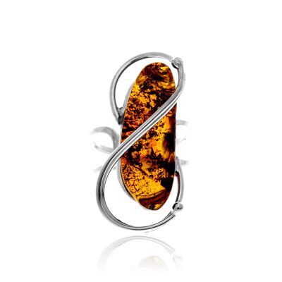 Anello in argento sterling 925 e ambra baltica color cognac - Regolabile - RG0935