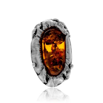Anello in argento sterling 925 e ambra baltica color cognac - Regolabile - RG0945