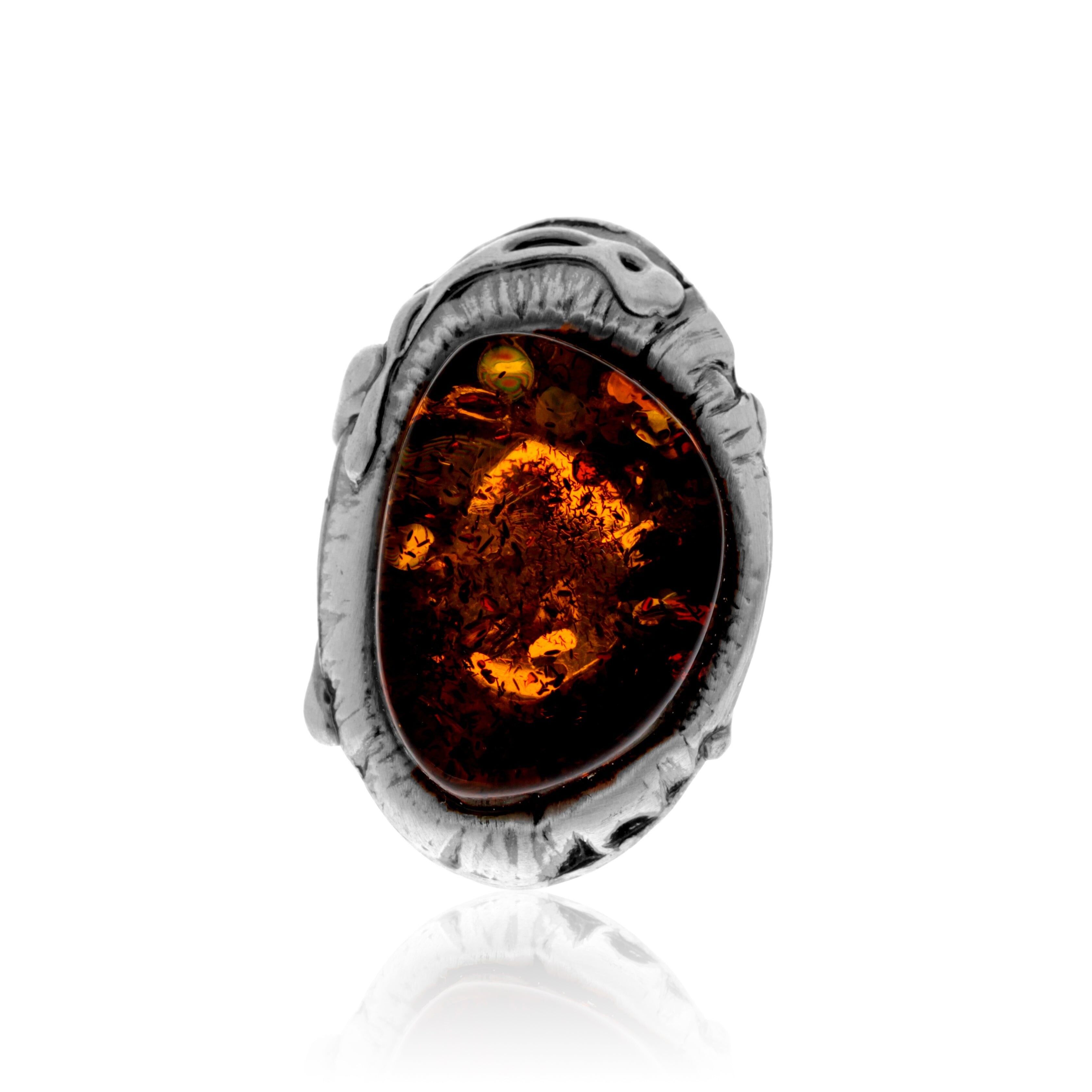 Ring aus 925er Sterlingsilber und echtem baltischen Bernstein in Cognac – verstellbar – RG0947