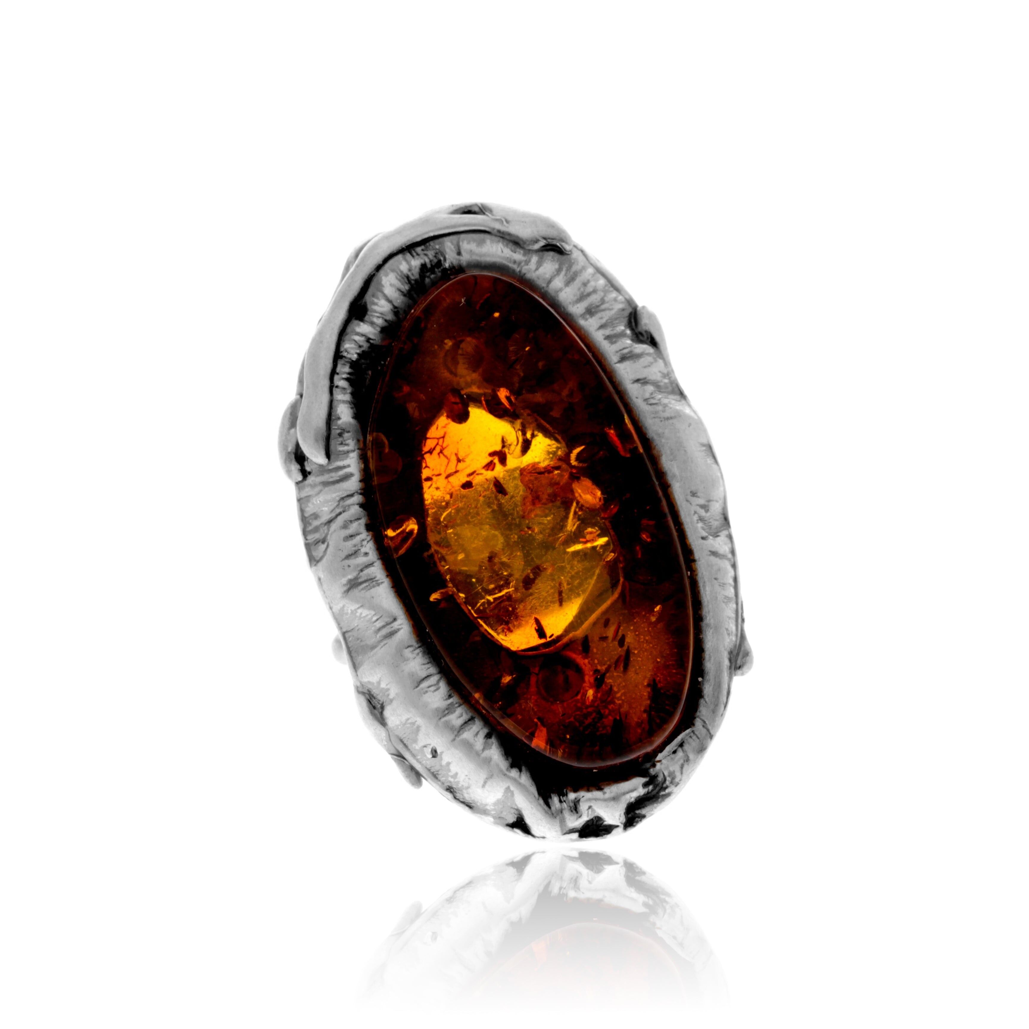 Ring aus 925er Sterlingsilber und echtem baltischen Bernstein in Cognac – verstellbar – RG0948