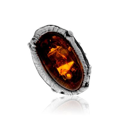 Anello in argento sterling 925 e ambra baltica color cognac - Regolabile - RG0949