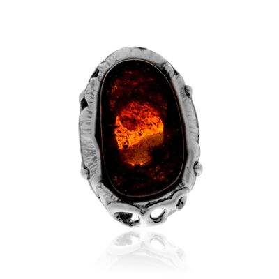 Anello in argento sterling 925 e ambra baltica color cognac - Regolabile - RG0950