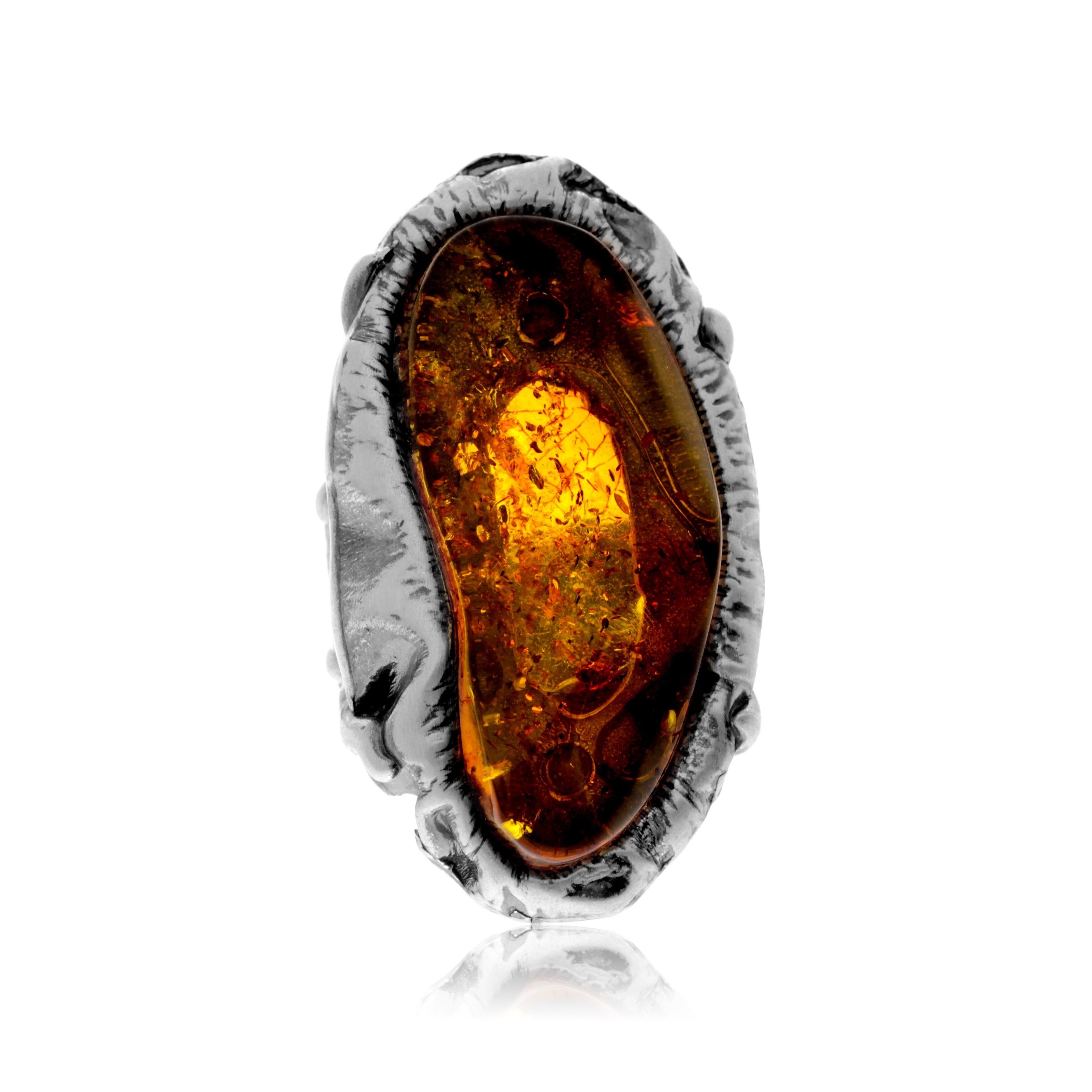 Ring aus 925er Sterlingsilber und echtem baltischen Bernstein in Cognac – verstellbar – RG0951