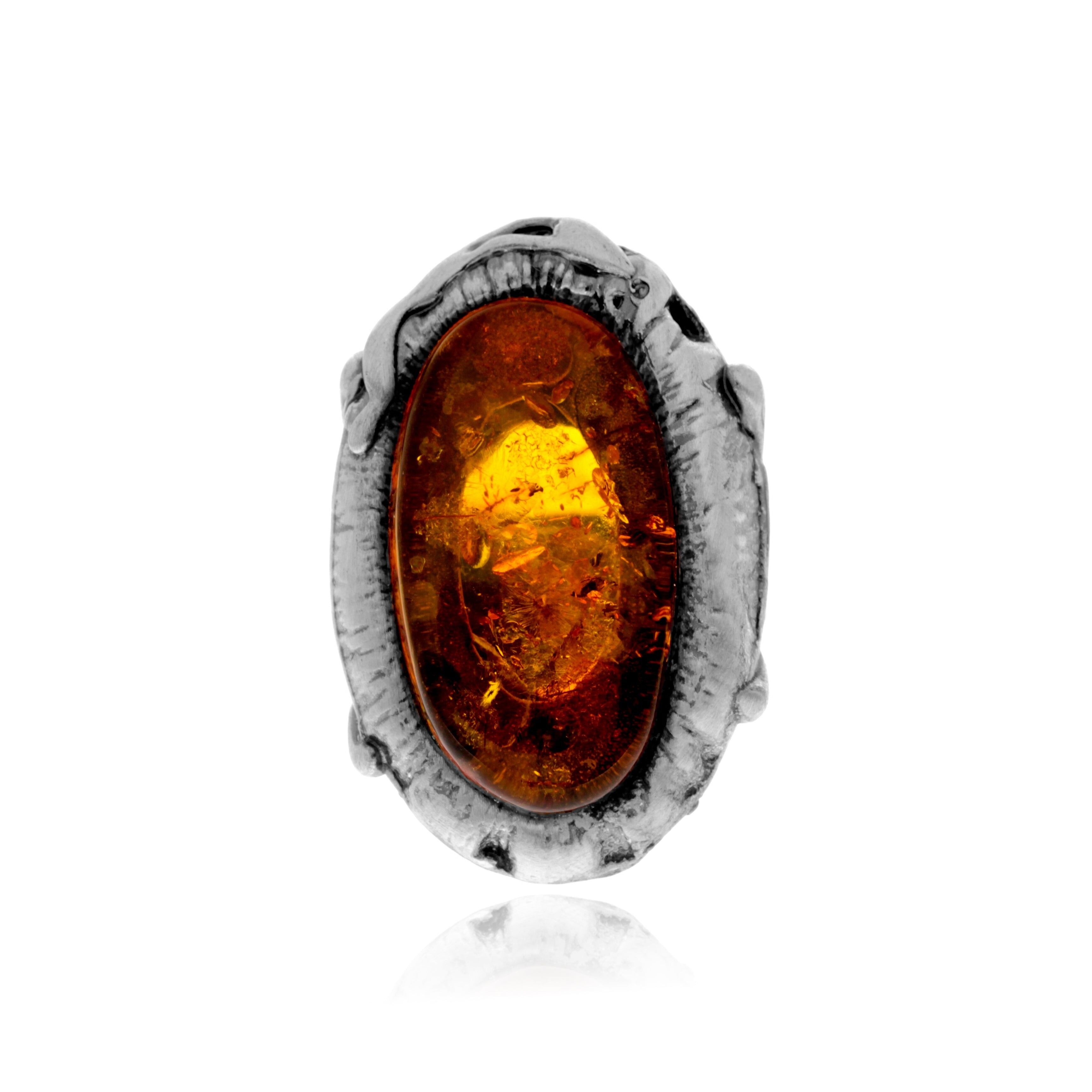 Ring aus 925er Sterlingsilber und echtem baltischen Bernstein in Cognac – verstellbar – RG0956