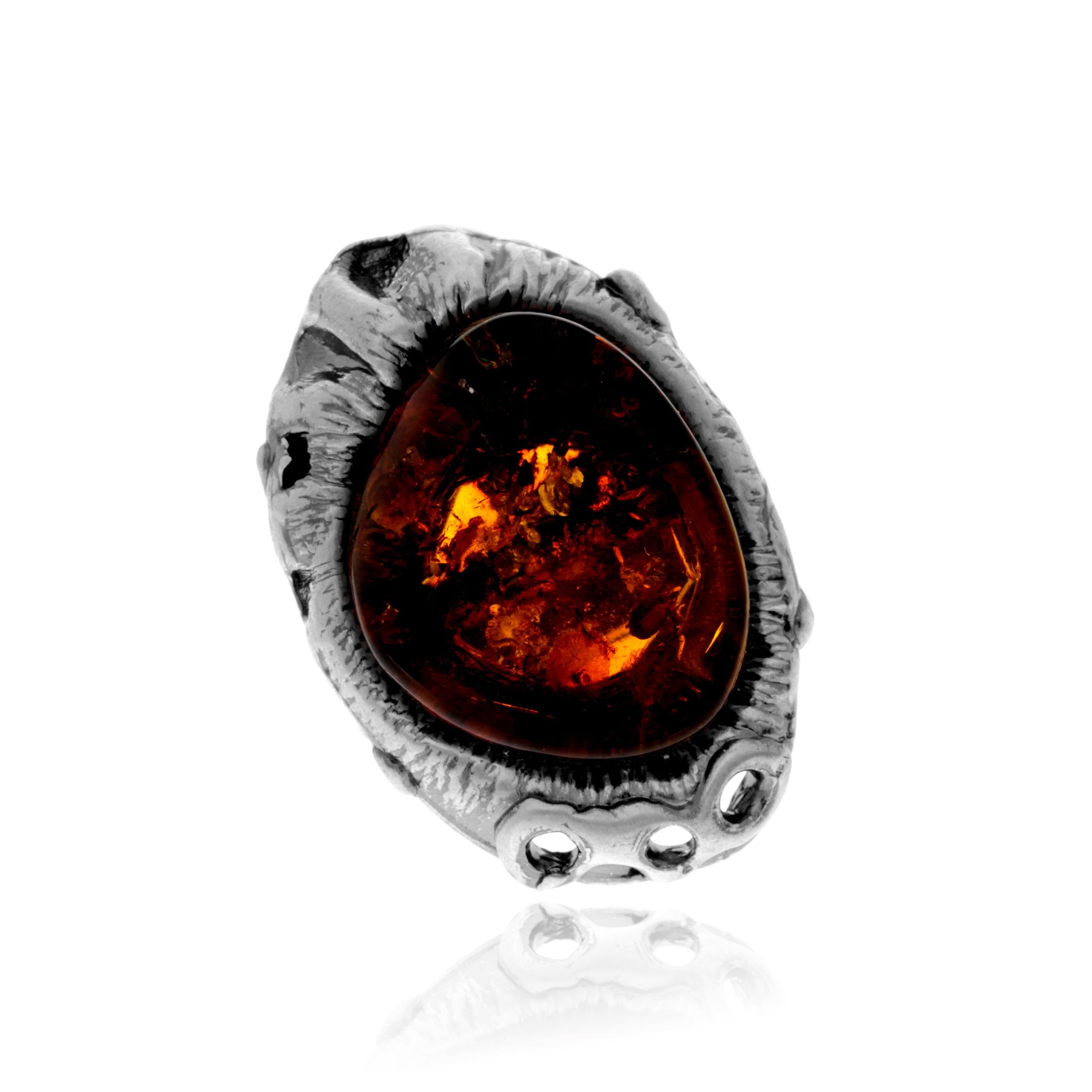 Ring aus 925er Sterlingsilber und echtem baltischen Bernstein in Cognac – verstellbar – RG0955