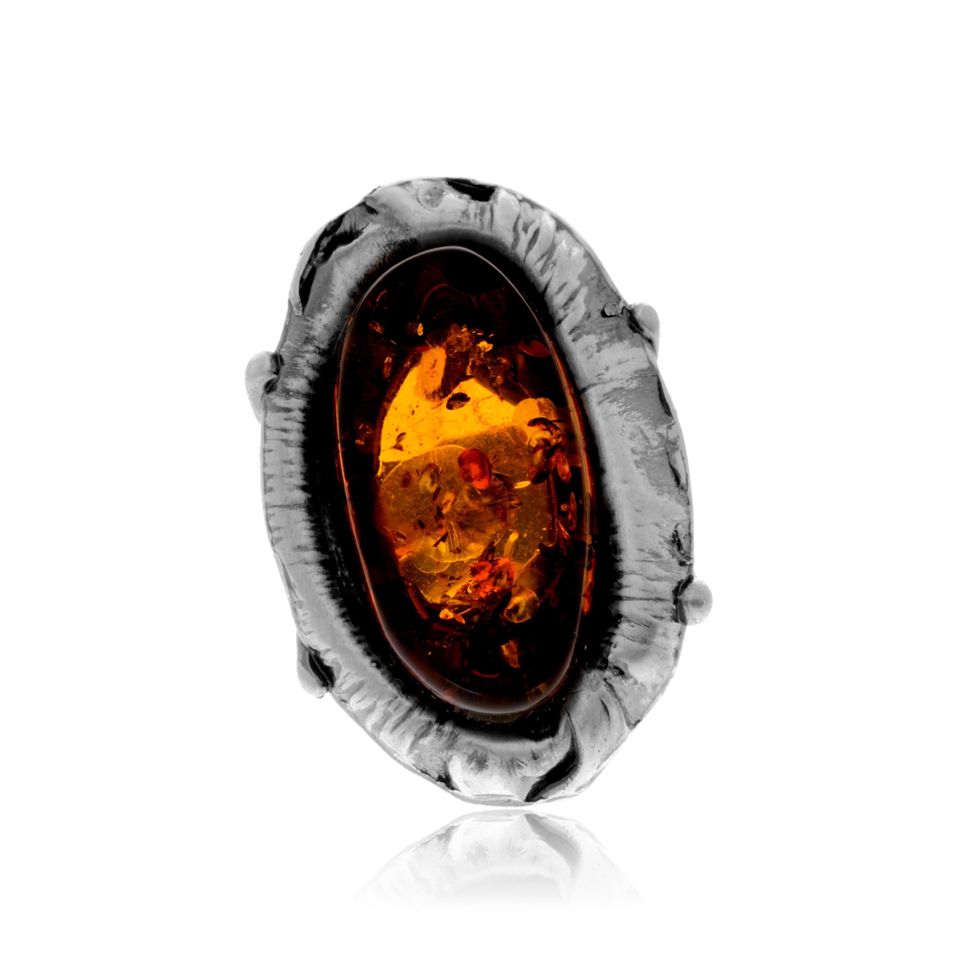 Ring aus 925er Sterlingsilber und echtem baltischen Bernstein in Cognac – verstellbar – RG0959