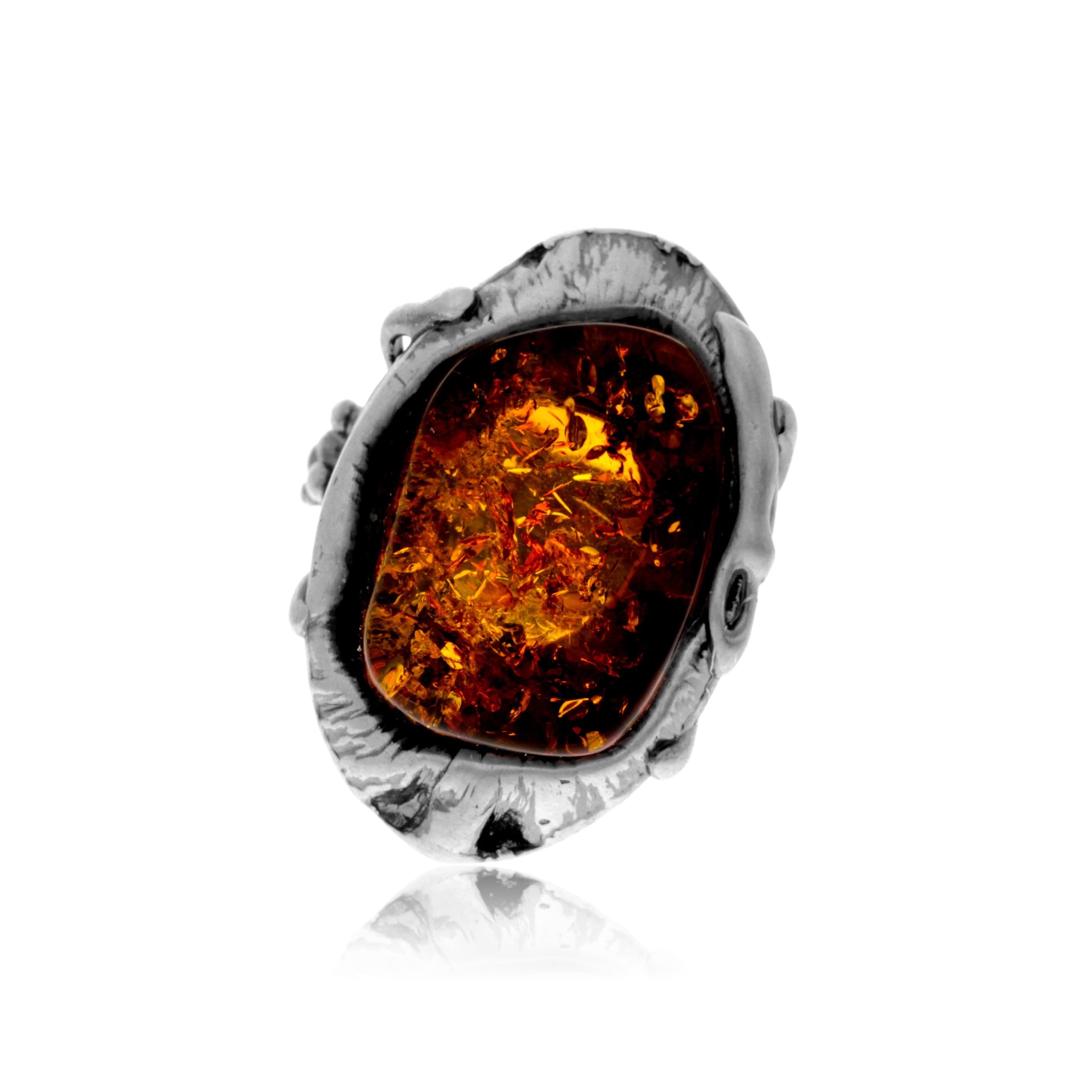 Ring aus 925er Sterlingsilber und echtem baltischen Bernstein in Cognac – verstellbar – RG0958