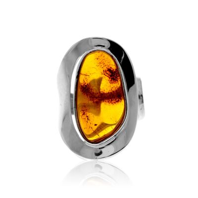 Anello in argento sterling 925 e ambra baltica color cognac - Regolabile - RG0846