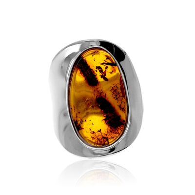 Bague en argent sterling 925 et ambre véritable de la Baltique couleur cognac - Réglable - RG0847