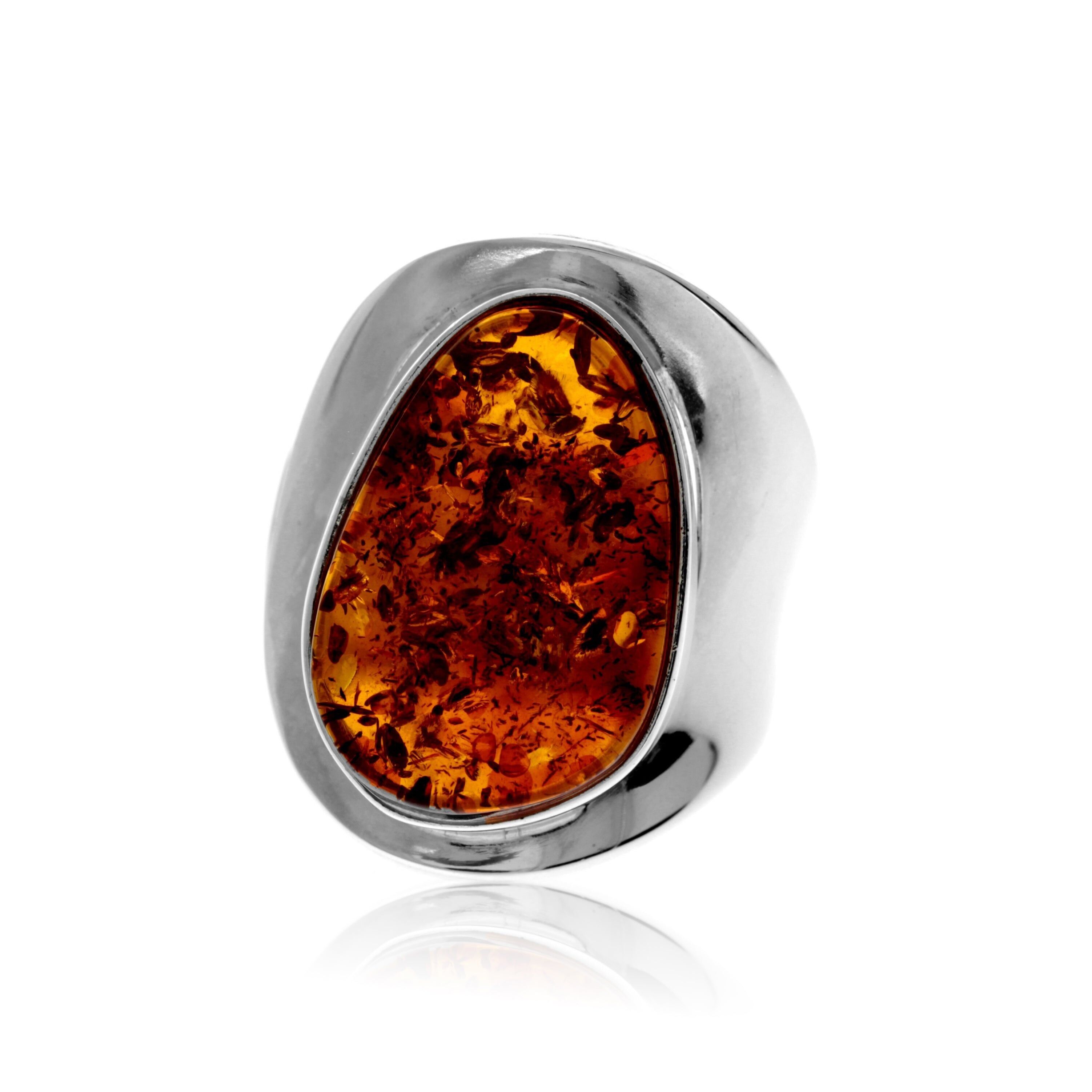 Bague en argent sterling 925 et ambre véritable de la Baltique couleur cognac - Réglable - RG0853