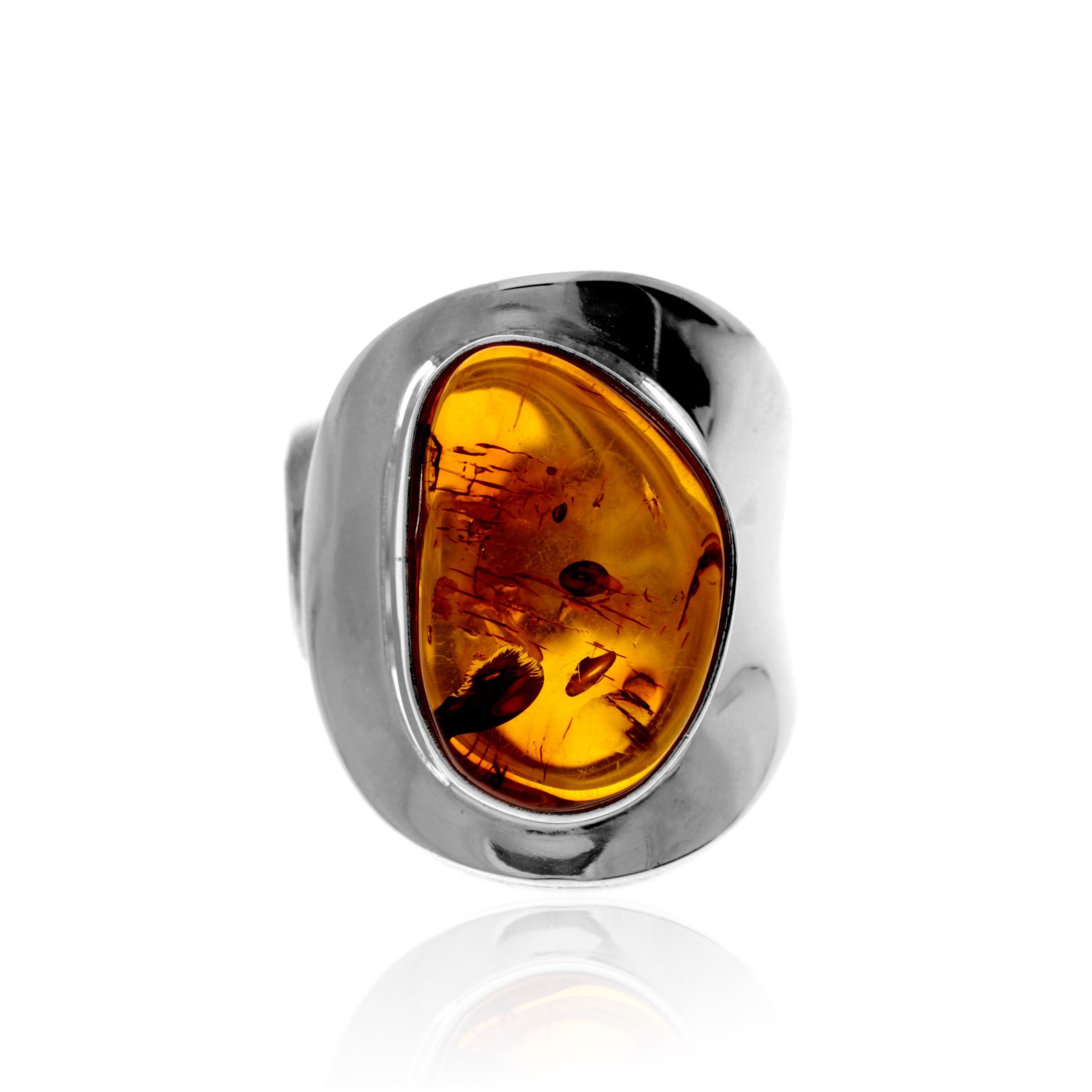 Bague en argent sterling 925 et ambre véritable de la Baltique couleur cognac - Réglable - RG0856