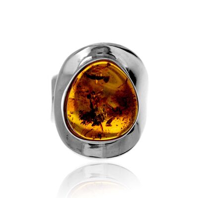 925 Sterling Silver & Genuine Cognac Baltic Amber Ring - Adjustable - RG0863