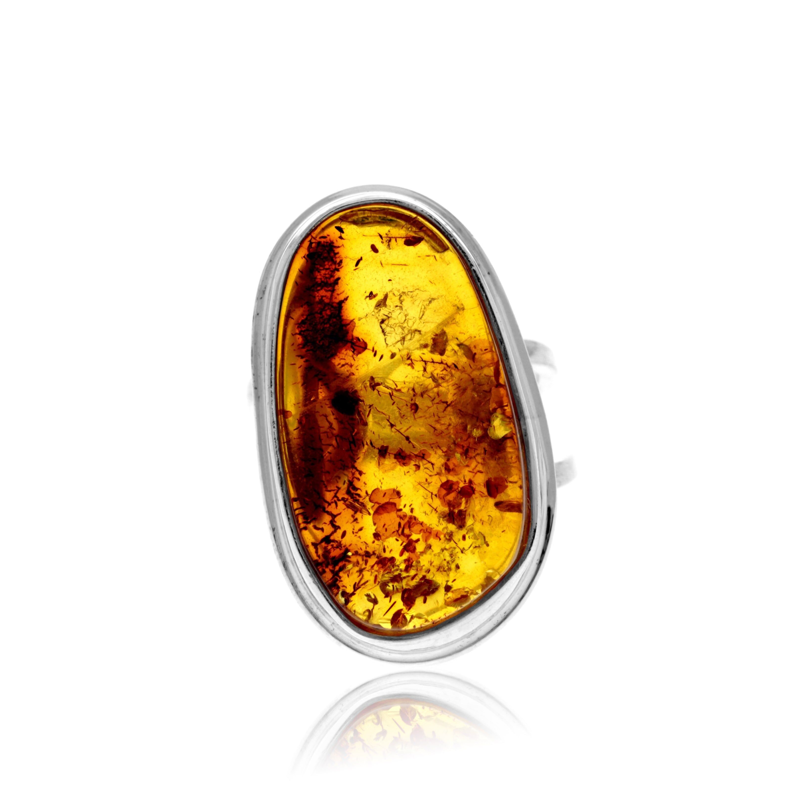 Bague en argent sterling 925 et ambre véritable de la Baltique couleur cognac - Ajustable - RG0867