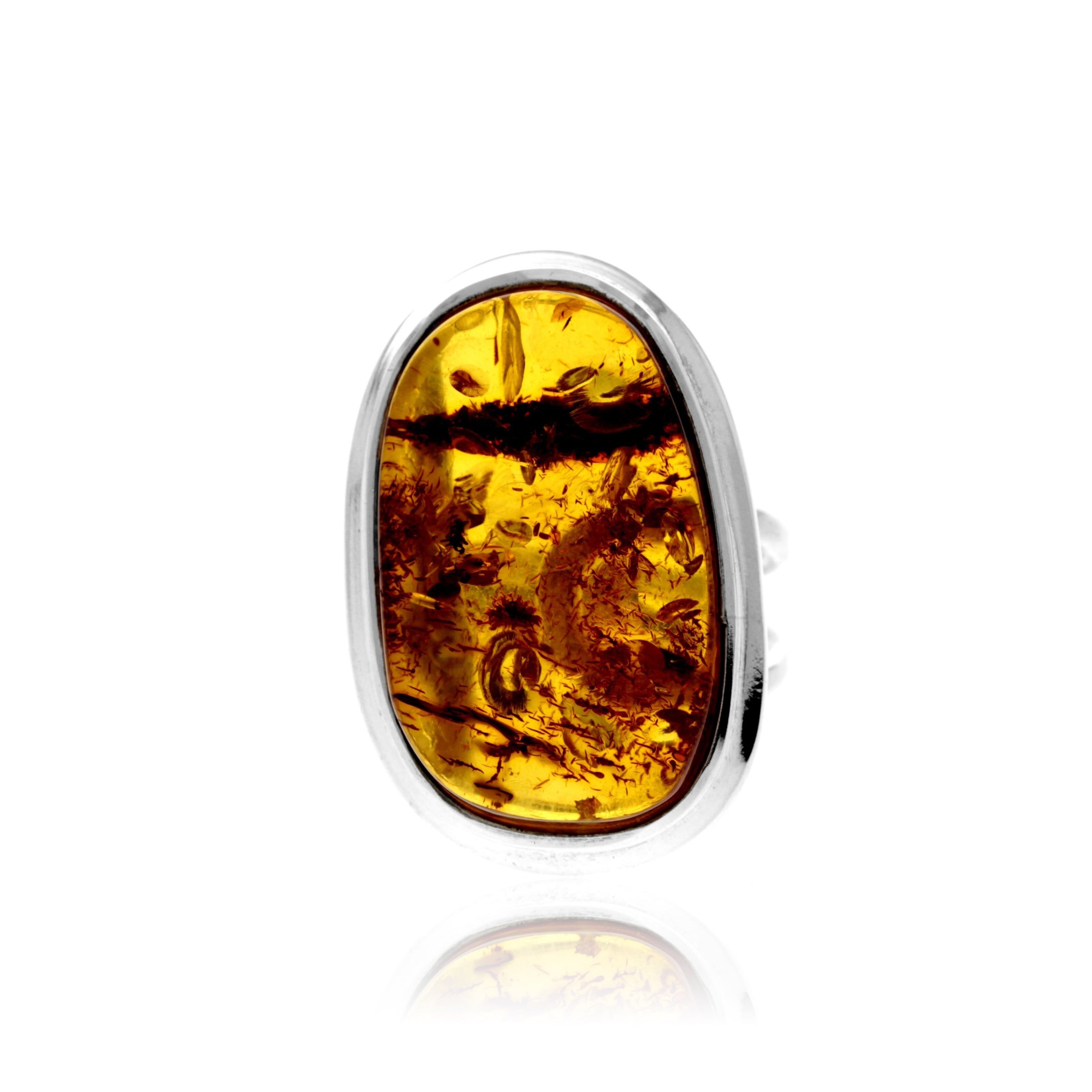 Bague en argent sterling 925 et ambre véritable de la Baltique couleur cognac - Ajustable - RG0874