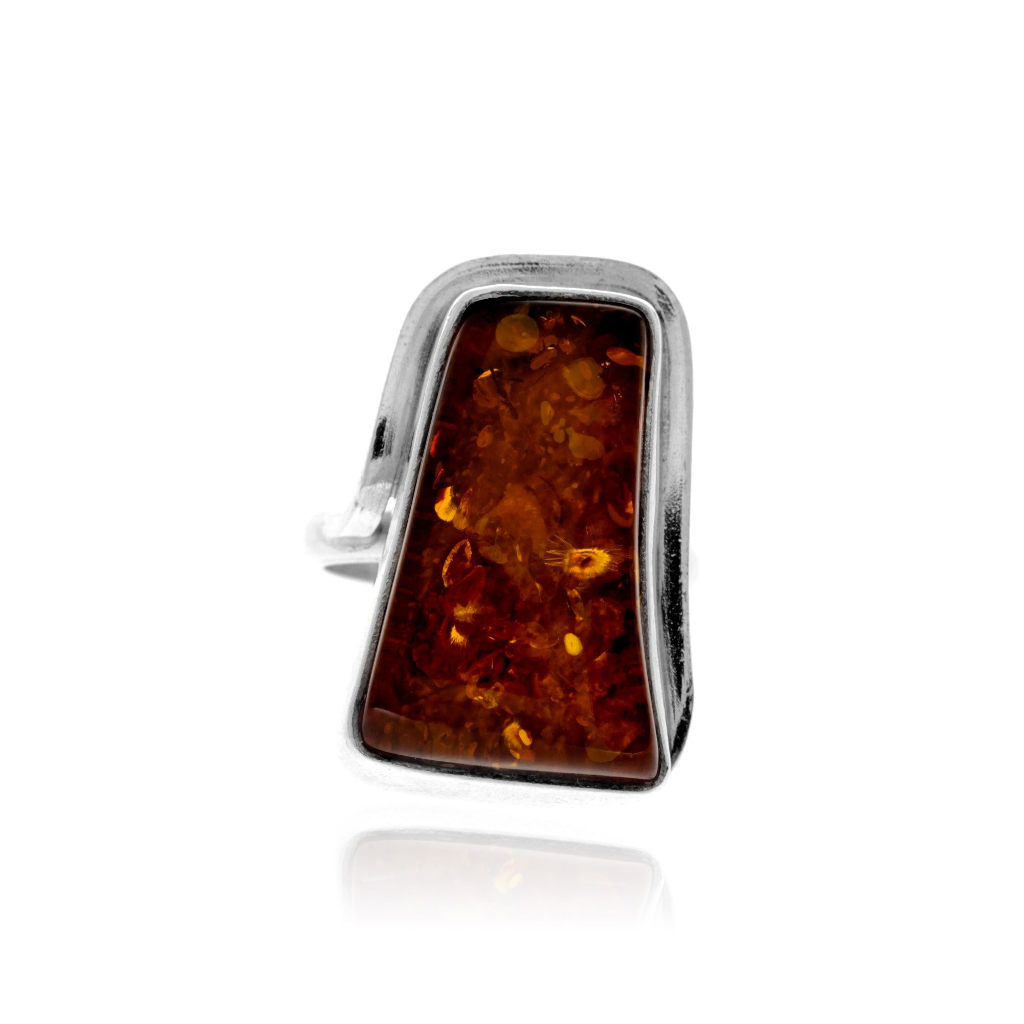 Bague en argent sterling 925 et ambre véritable de la Baltique couleur cognac - R - RG0886