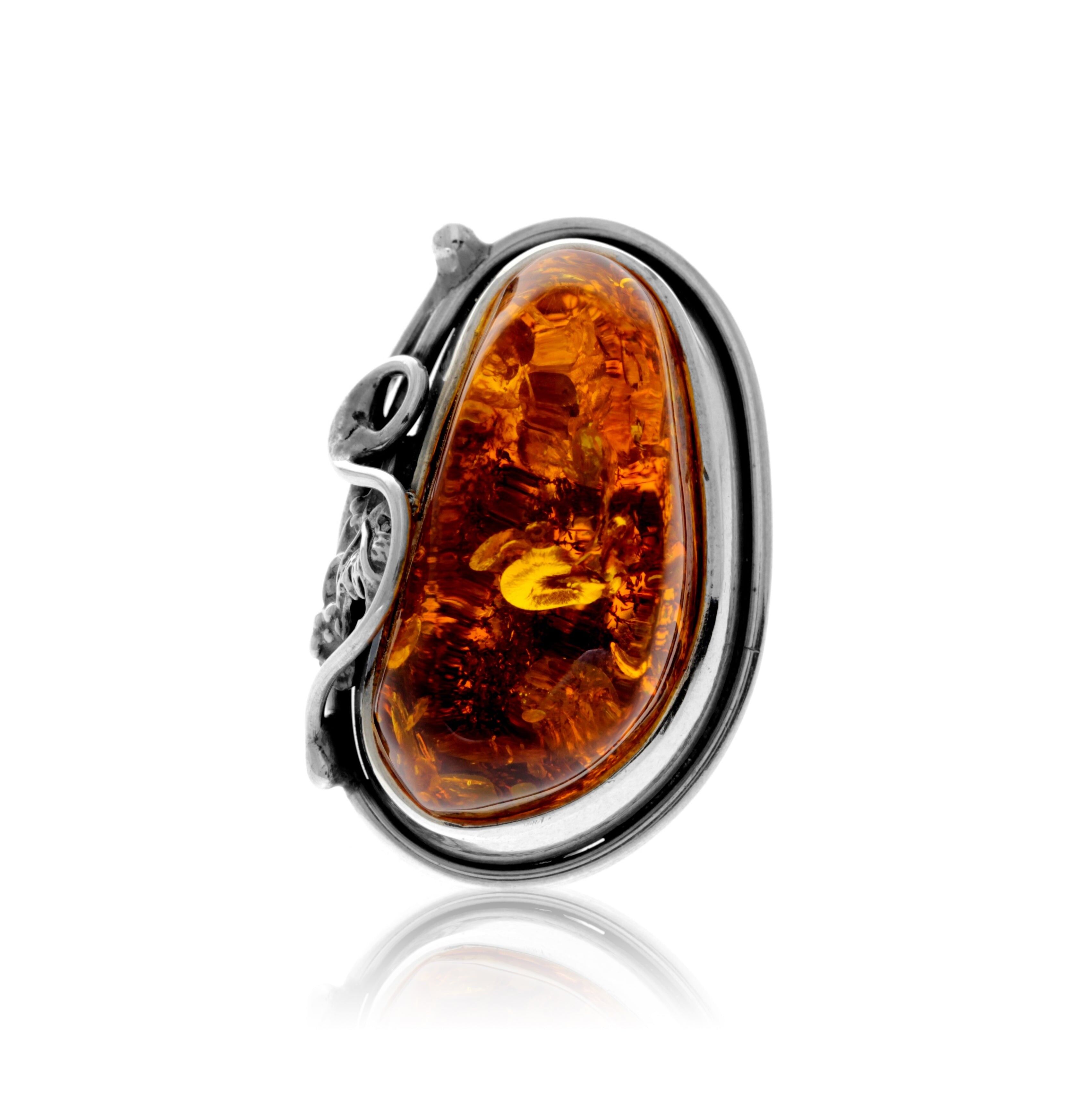 Bague en argent sterling 925 et ambre véritable de la Baltique couleur cognac – Réglable – RG0892
