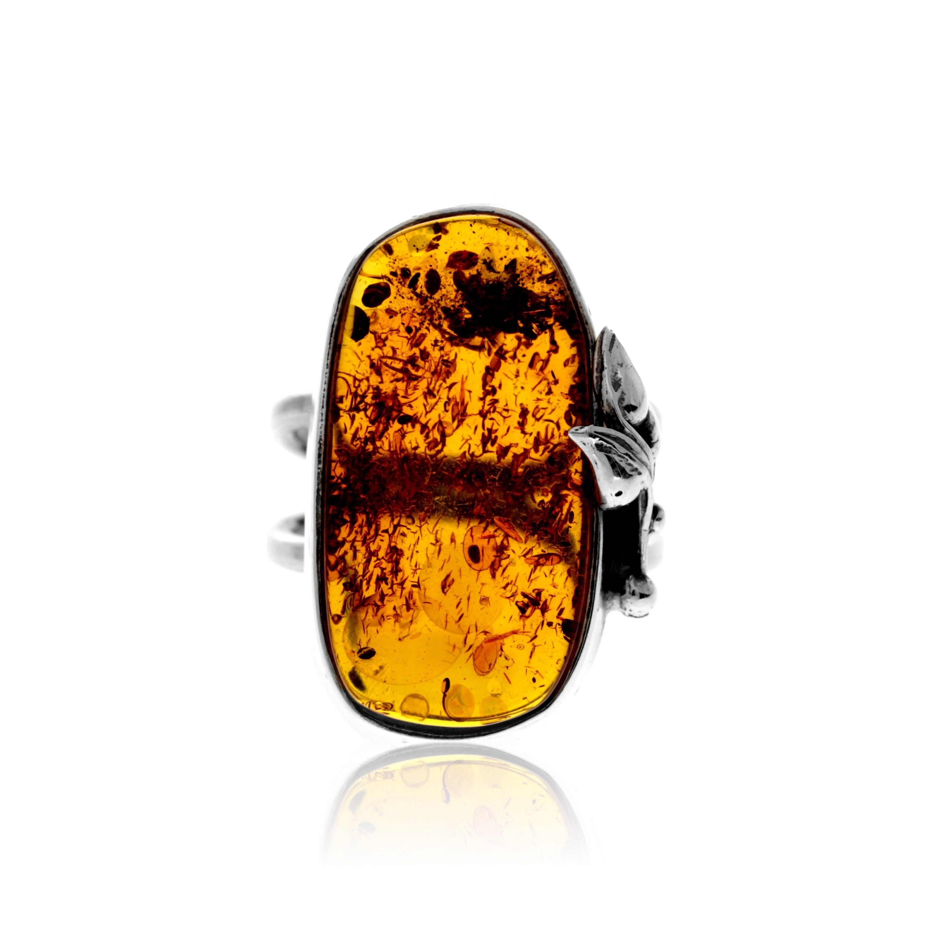 Bague en argent sterling 925 et ambre véritable de la Baltique couleur cognac - Réglable - RG0895