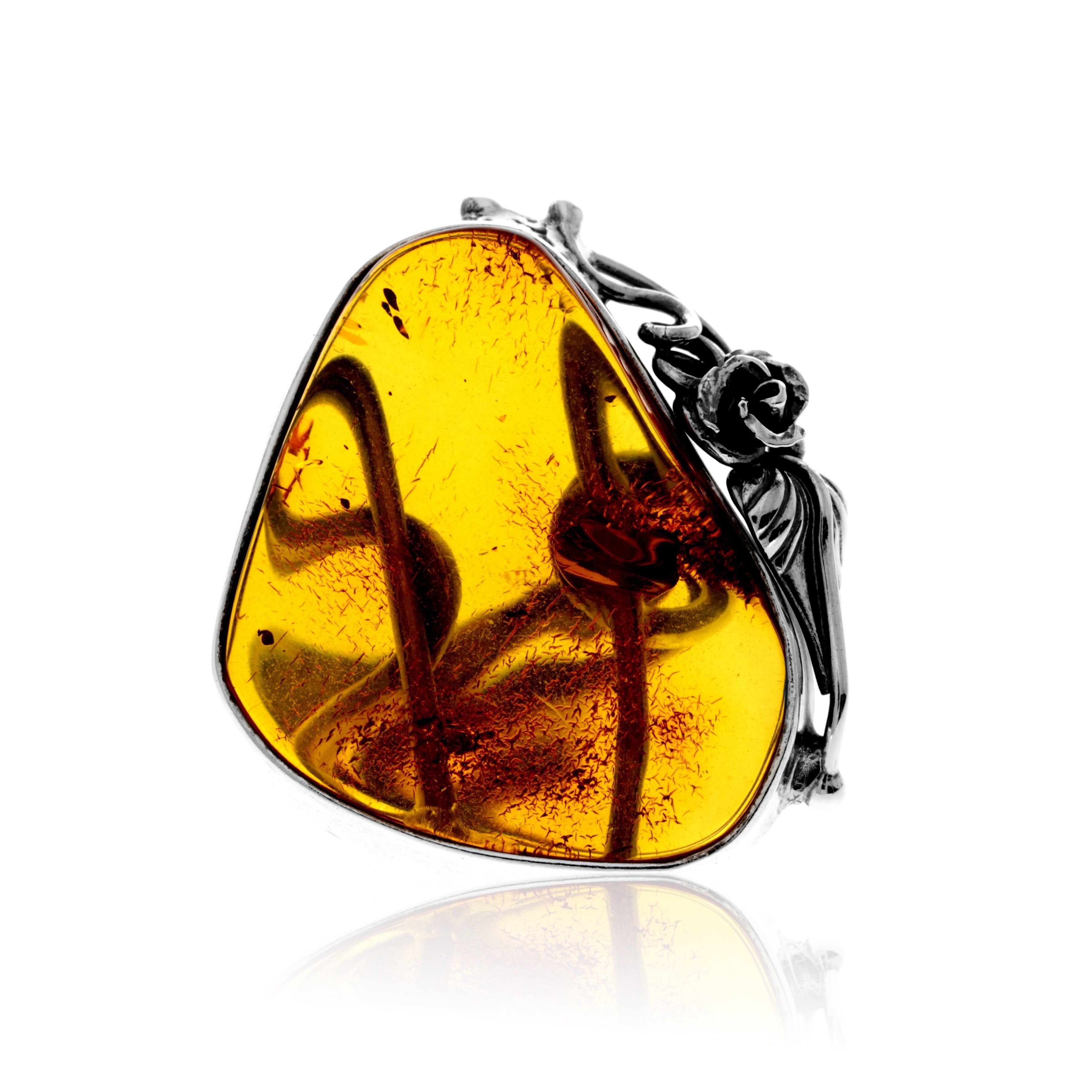 Bague en argent sterling 925 et ambre véritable de la Baltique couleur cognac - Ajustable - RG0887