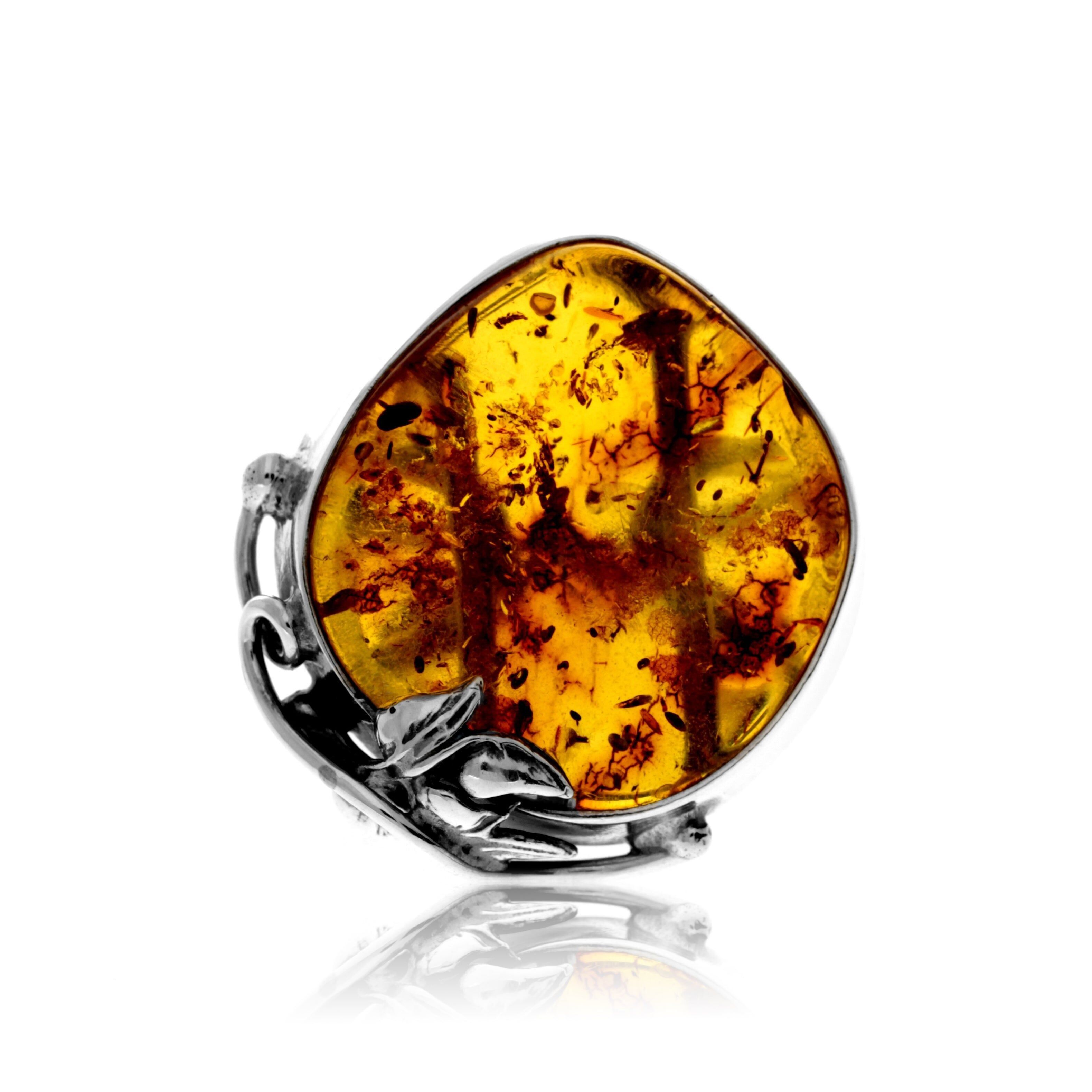 Bague en argent sterling 925 et ambre véritable de la Baltique couleur cognac - Réglable - RG0896