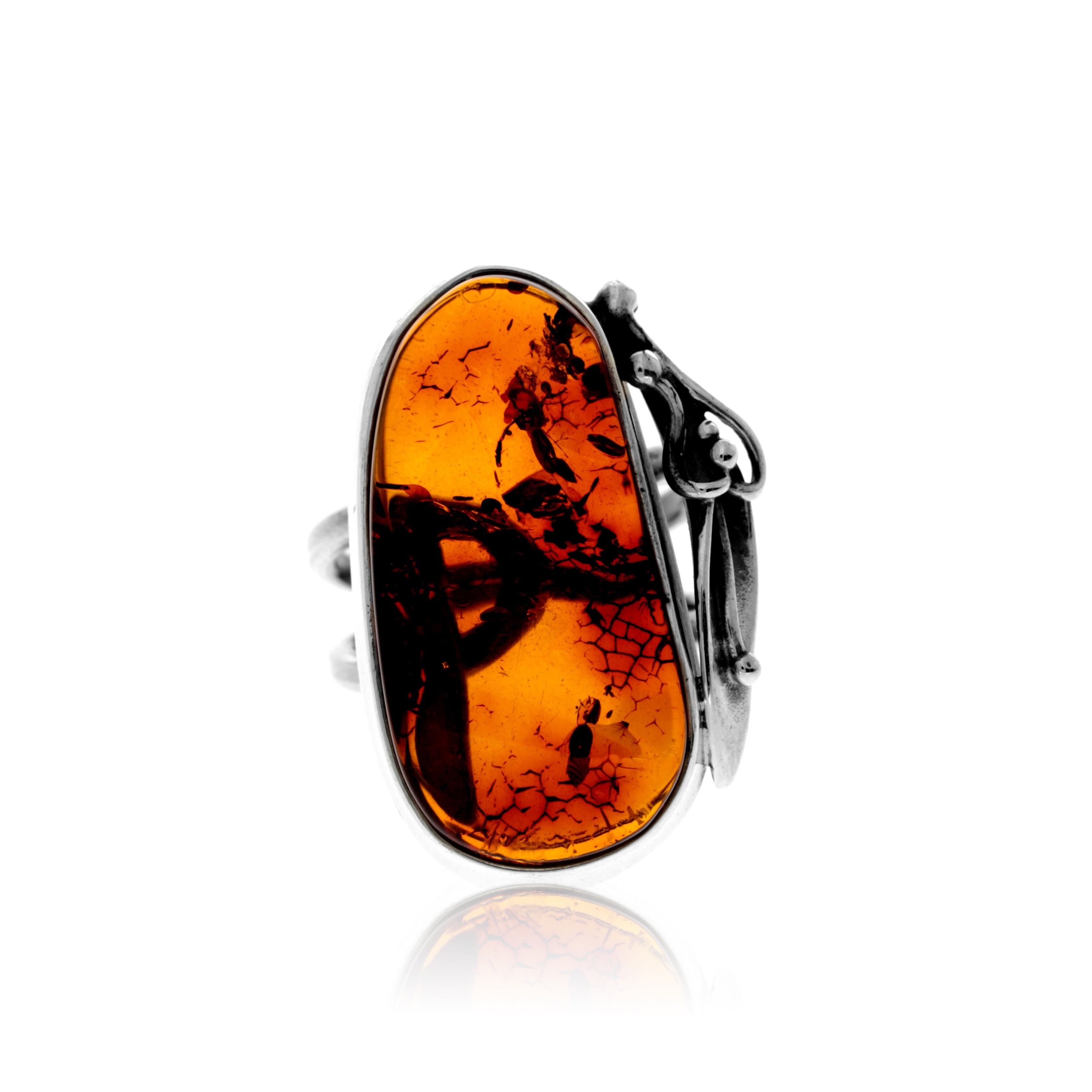 Bague en argent sterling 925 et ambre véritable de la Baltique couleur cognac – Réglable – RG0890