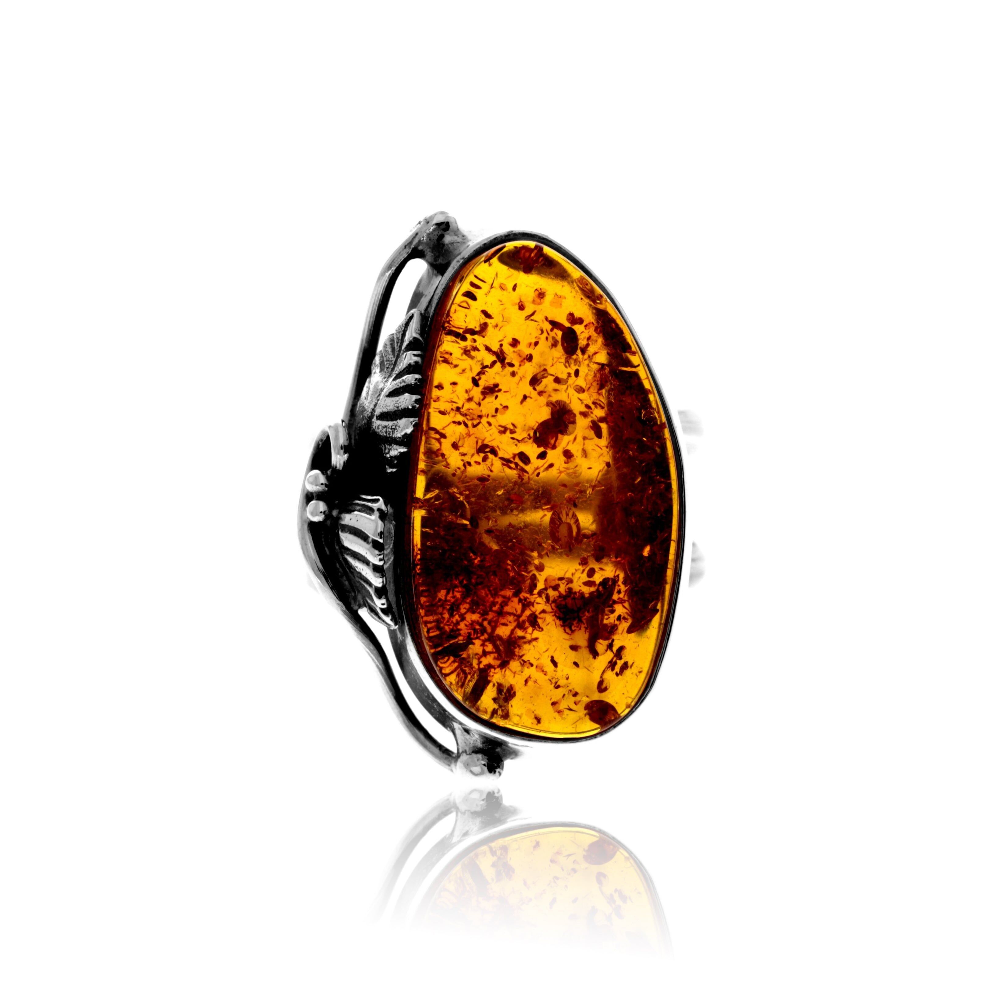 Bague en argent sterling 925 et ambre véritable de la Baltique couleur cognac - Réglable - RG0901