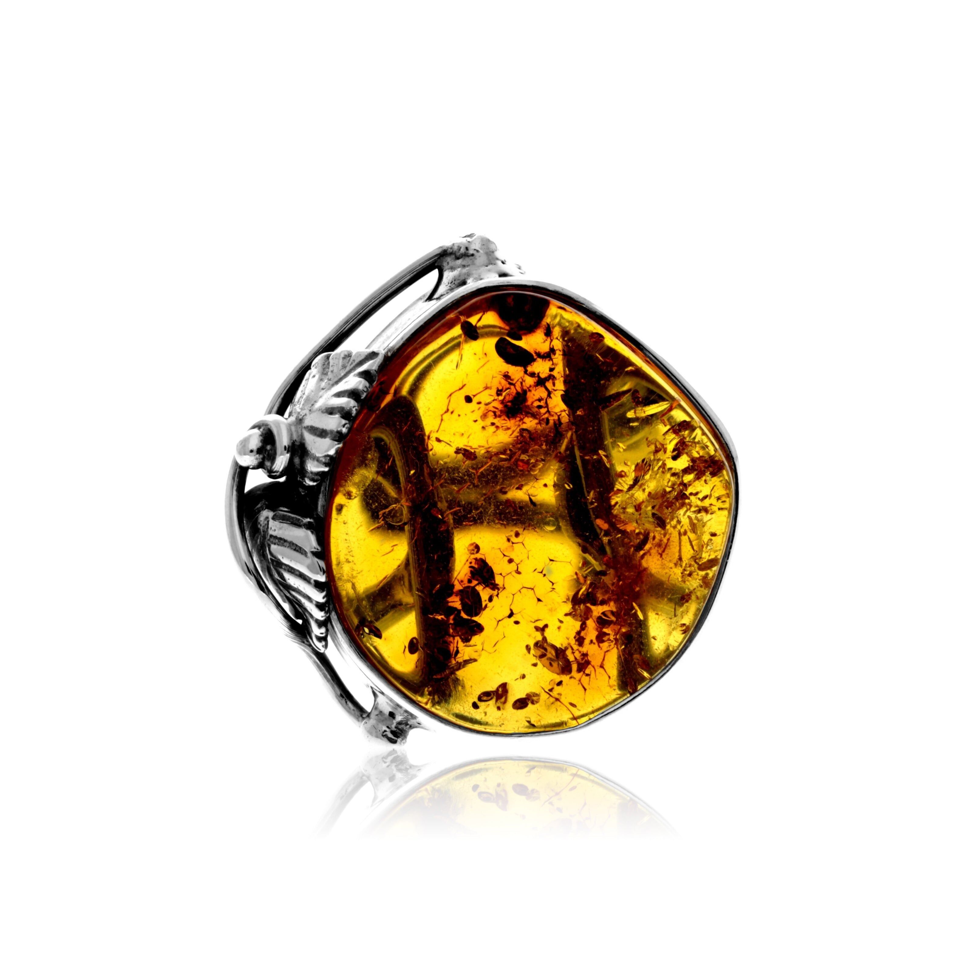 Bague en argent sterling 925 et ambre véritable de la Baltique couleur cognac - Réglable - RG0902