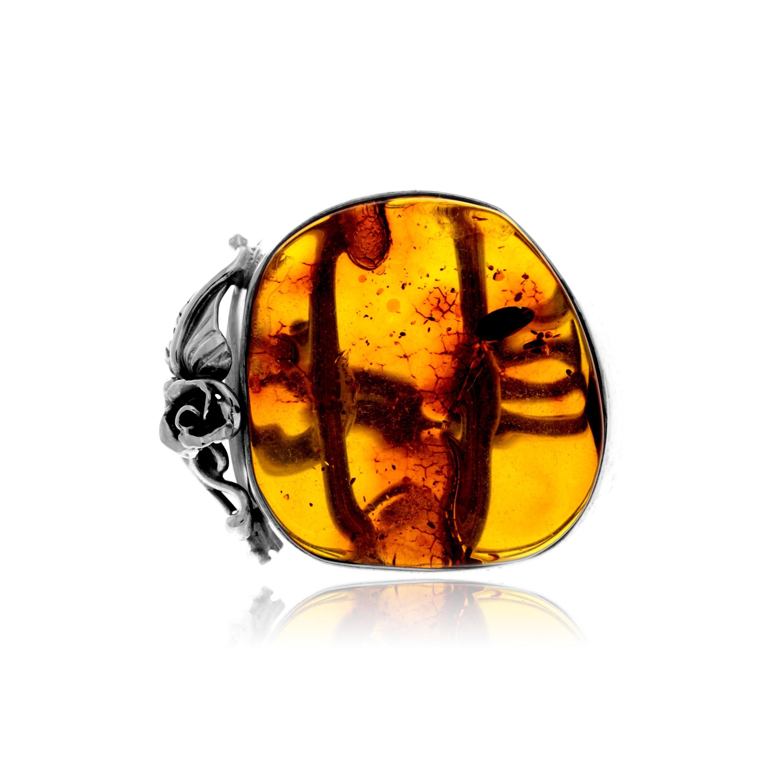 Bague en argent sterling 925 et ambre véritable de la Baltique couleur cognac - Réglable - RG0906