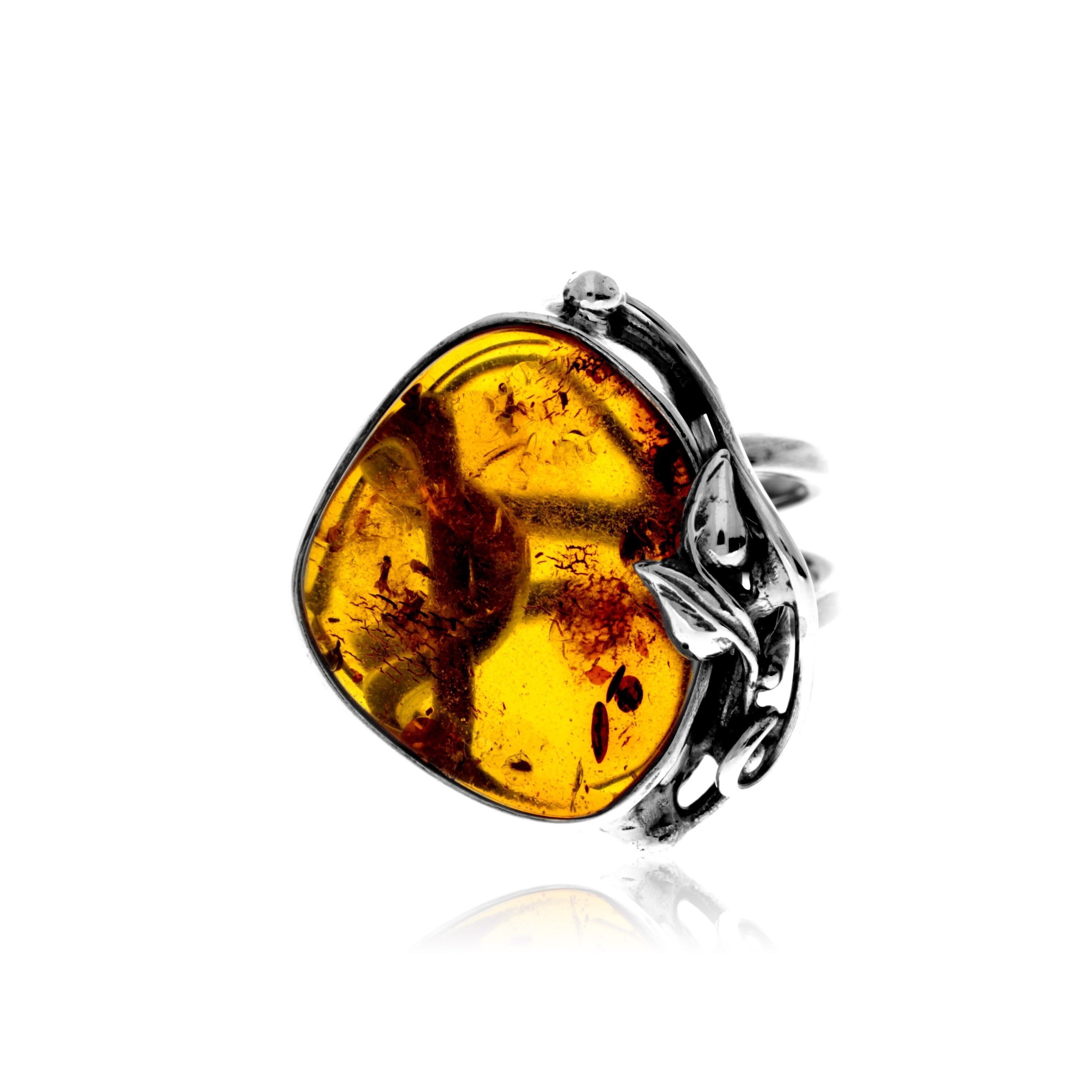 Bague en argent sterling 925 et ambre véritable de la Baltique couleur cognac – Réglable – RG0909