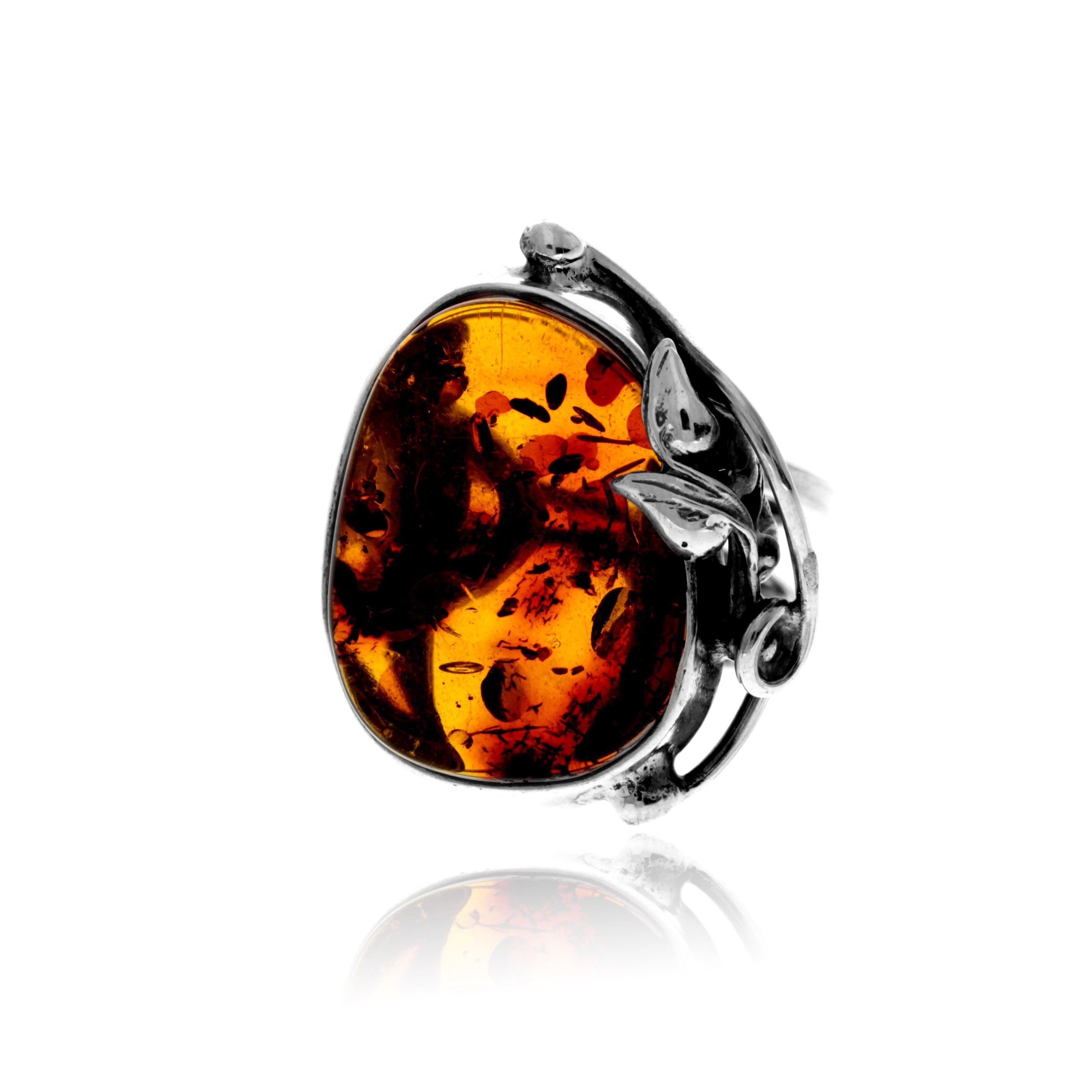 Bague en argent sterling 925 et ambre véritable de la Baltique couleur cognac - Réglable - RG0913