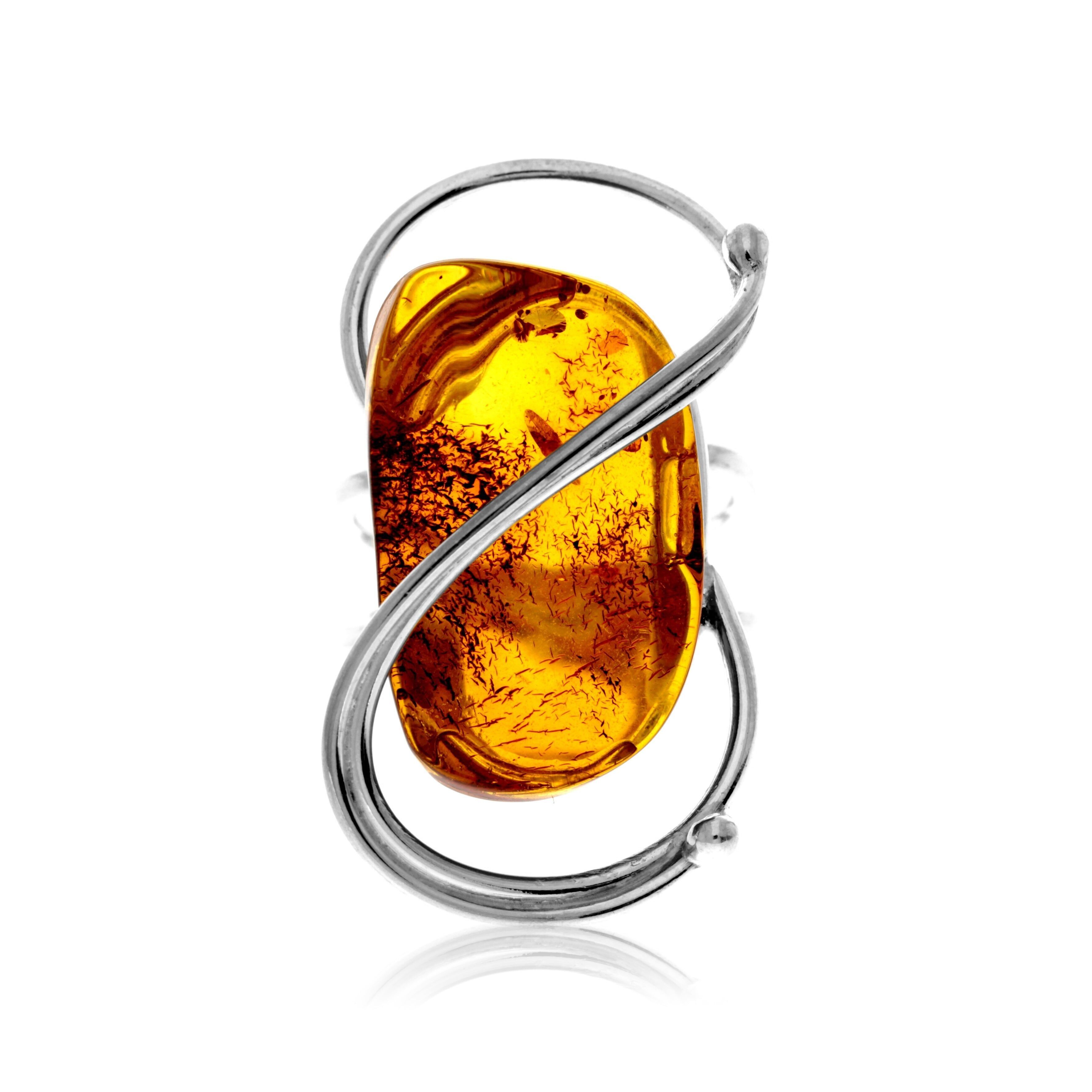 Bague en argent sterling 925 et ambre véritable de la Baltique couleur cognac - Réglable - RG0937