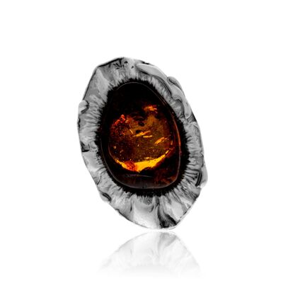 Anello in argento sterling 925 e ambra baltica color cognac - Regolabile - RG0941