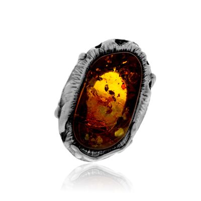 Anillo de plata de ley 925 y ámbar báltico auténtico color coñac - Ajustable - RG0944