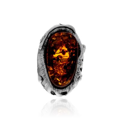 Anello in argento sterling 925 e ambra baltica color cognac - Regolabile - RG0943